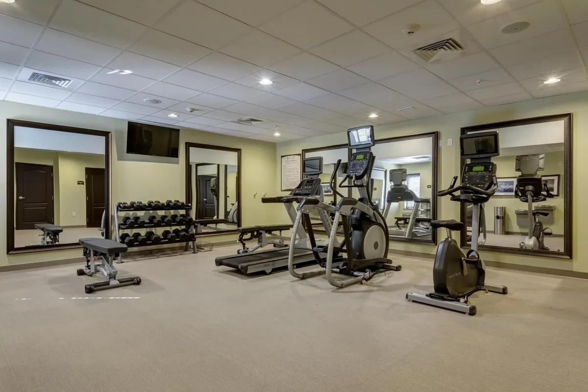 This image captures a modern fitness center equipped with a range of exercise machines, including elliptical trainers, stationary bikes, and a dumbbell rack. The room is lively, with mirrors and a television, and is designed to inspire activity and wellness.