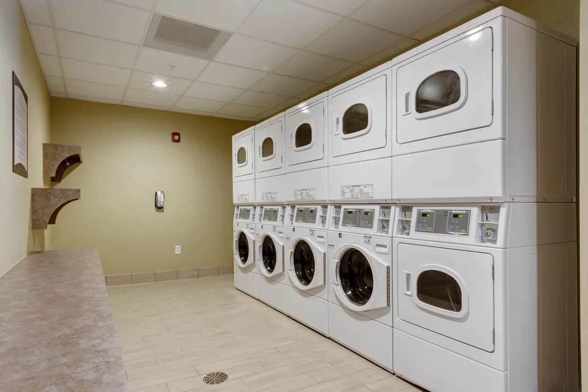 The image features a clean, organized laundry room with several laundry machines, a countertop for folding clothes, and decorative shelves. The ambiance is functional yet inviting, emphasizing convenience and community.